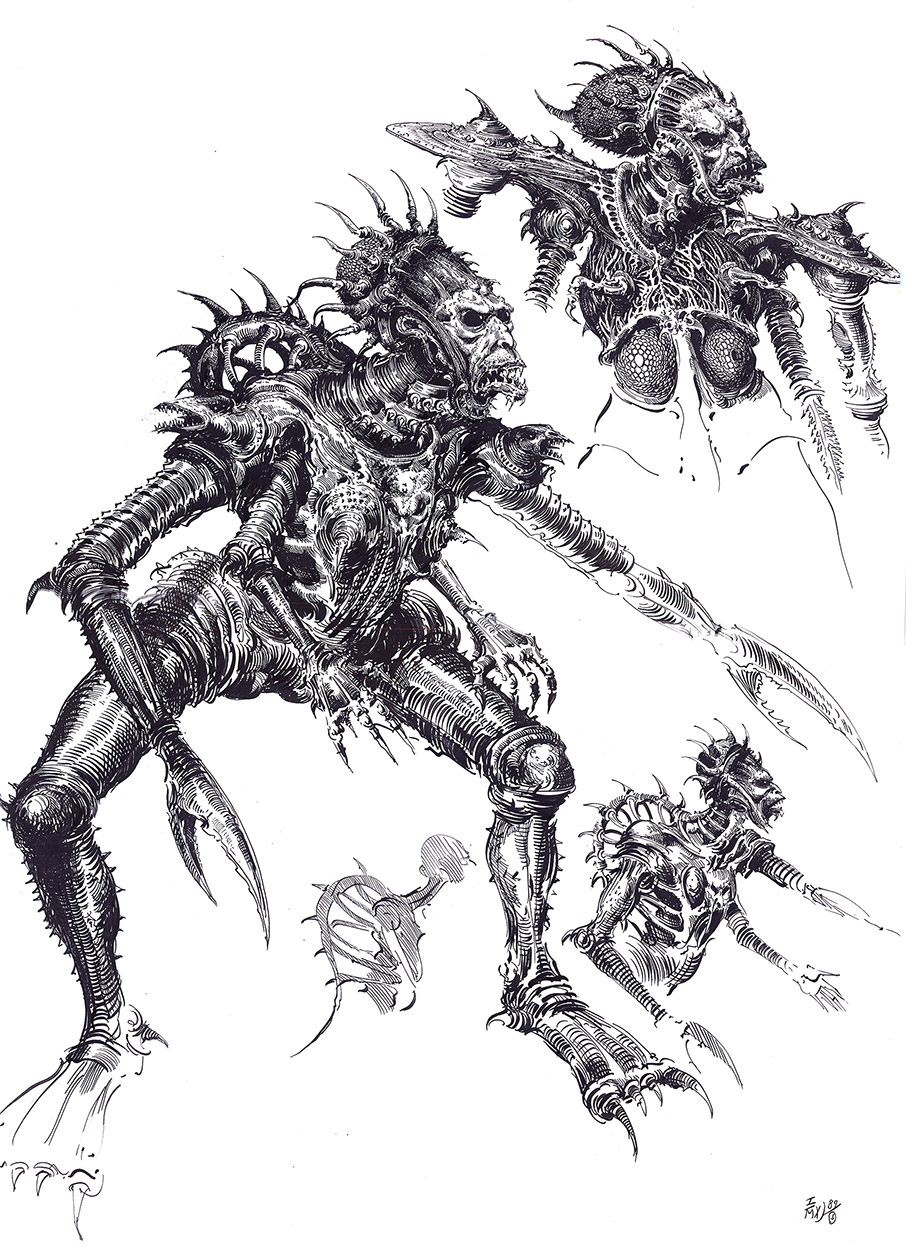 Ian Miller | GW, Realm of Chaos, character sketch 6<br> Webbed feet aliens