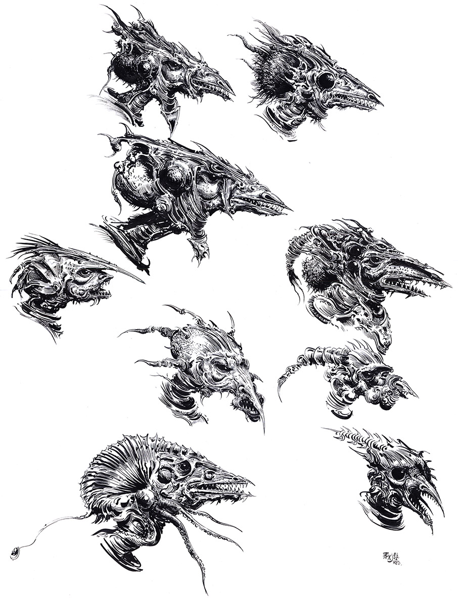 Ian Miller | GW, Realm of Chaos, character sketch 3<br> Lizard heads