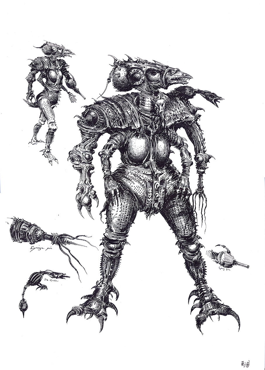 Ian Miller | GW, Realm of Chaos, character sketch 9<br> Syringe pin