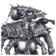 Ian Miller | GW, Realm of Chaos, character sketch 9<br> Syringe pin